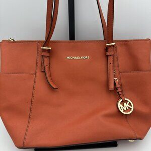 Michael Kors Orange Leather Tote Bag With Gold Accents & MK Charm